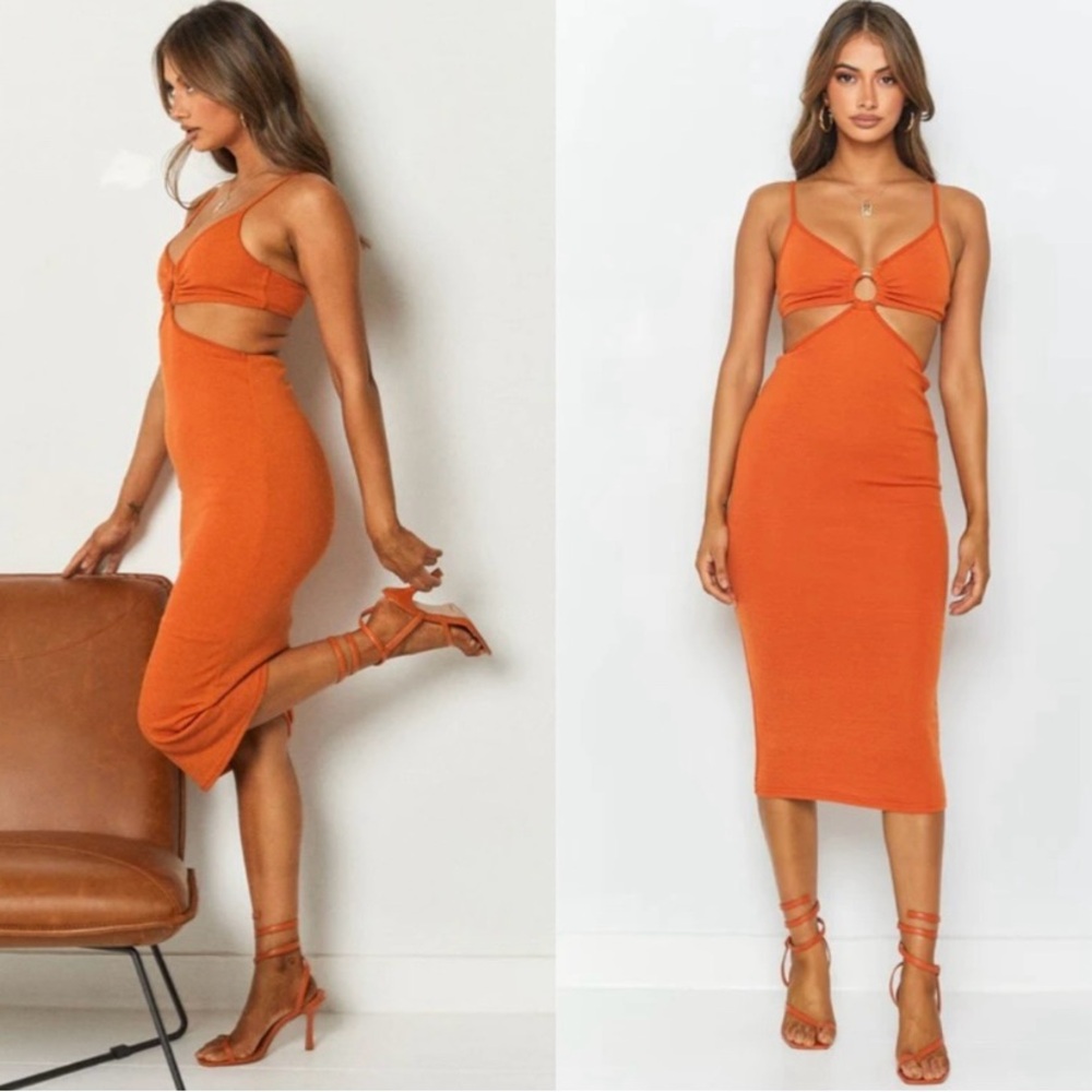 Reverse Cut Out Midi Dress Rust | Size Large (12)